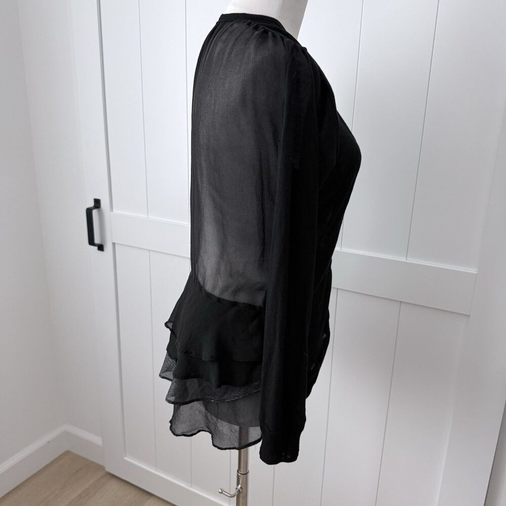 Clu Black Silk Chiffon Back Peplum Cardigan Top XS Sheer Ruffle Layered Metallic